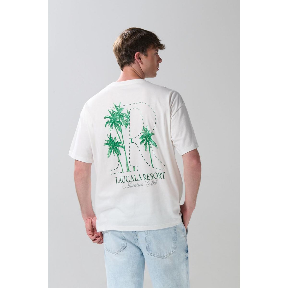 KOAJ - KOAJ Camiseta oversize crema manga corta con diseños de pla Hombre