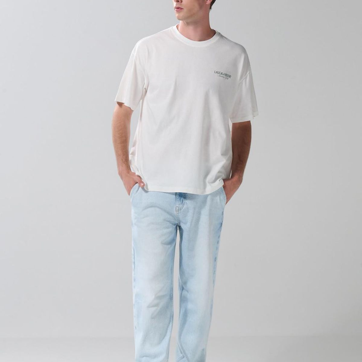 KOAJ - KOAJ Camiseta oversize crema manga corta con diseños de pla Hombre