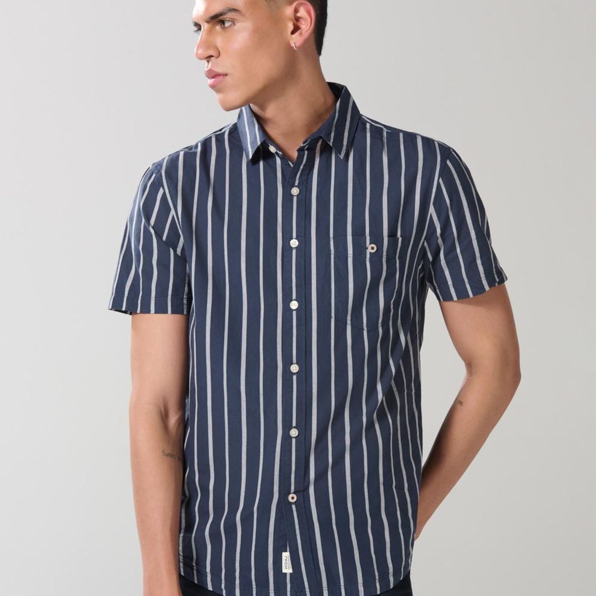 KOAJ - KOAJ Camisa unicolor a rayas manga corta con botones Hombre
