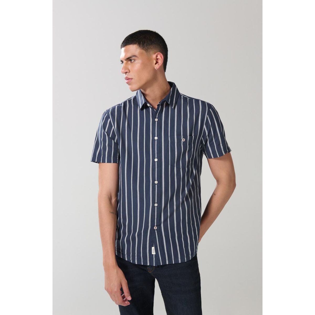 KOAJ - KOAJ Camisa unicolor a rayas manga corta con botones Hombre