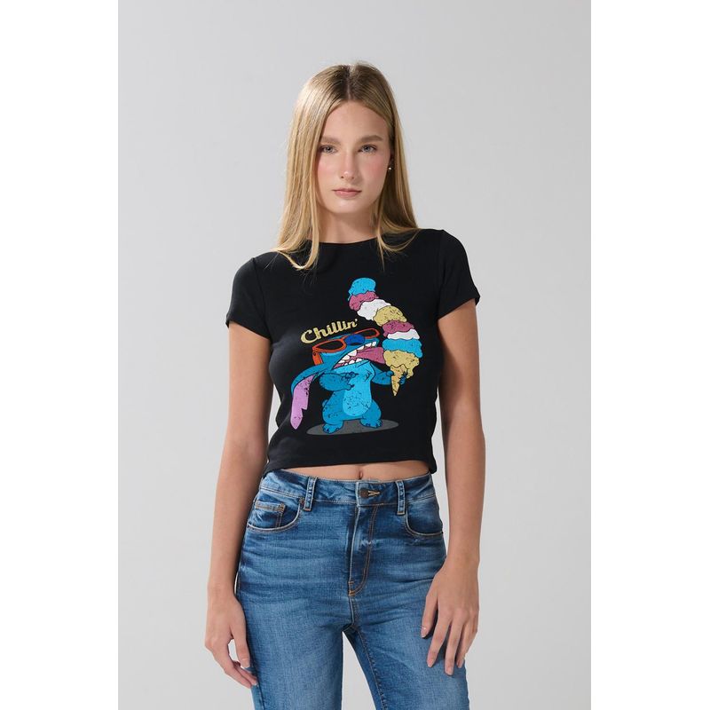 KOAJ - KOAJ Camiseta de Lilo & Stitch ajustada negra con manga corta MUJER