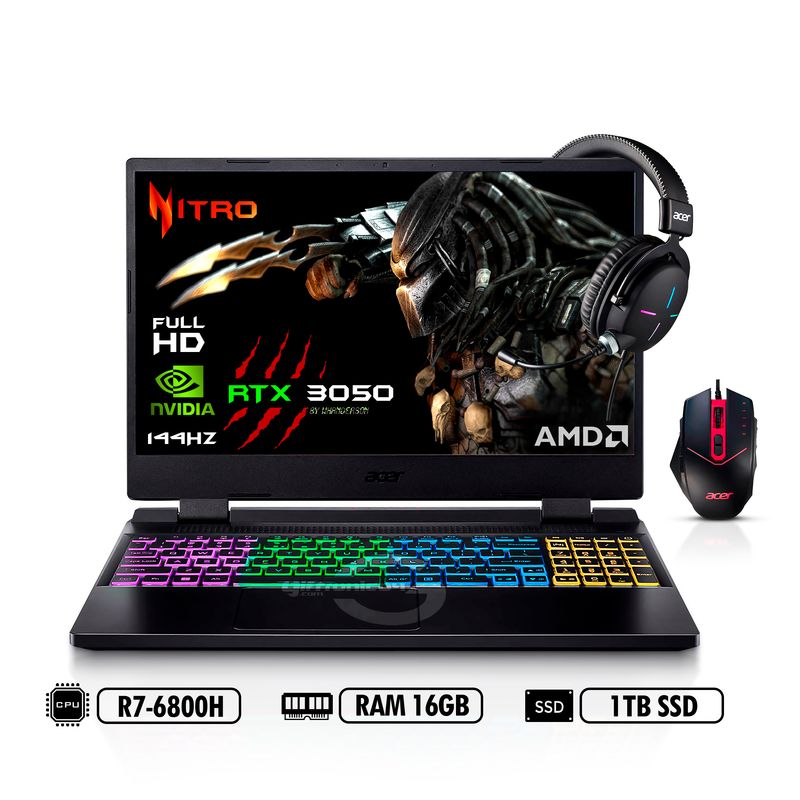 ACER - PORTATIL GAMER ACER NITRO AN515-46-R90E 156′ FHD AMD R7-6800H RAM 16GB 1TB SSD RTX3050 4GB Black