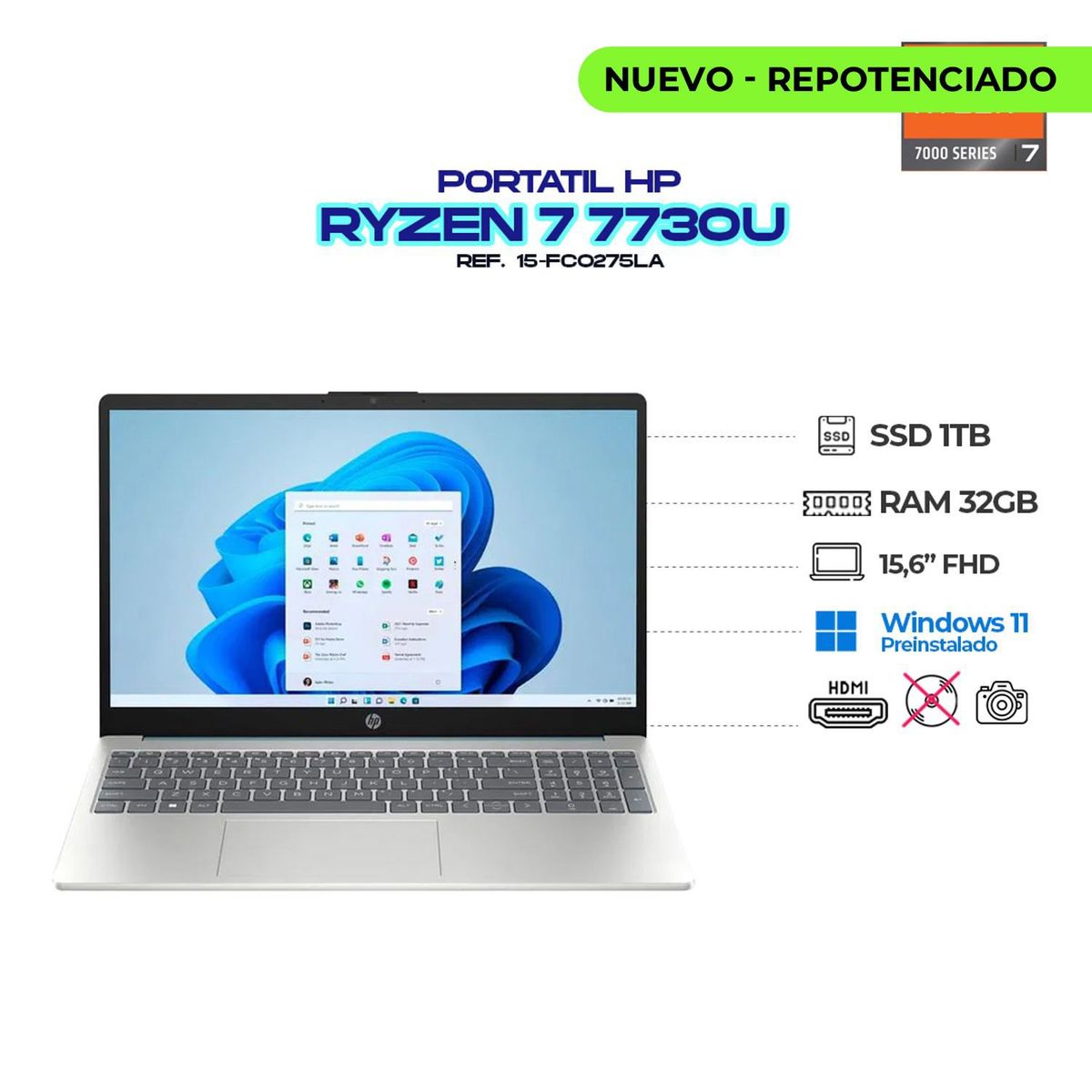 HP - PORTATIL HP AMD RYZEN 7 7730U 15.6" FHD / RAM 32GB DDR4 3200MHZ/ SSD M.2 1TB