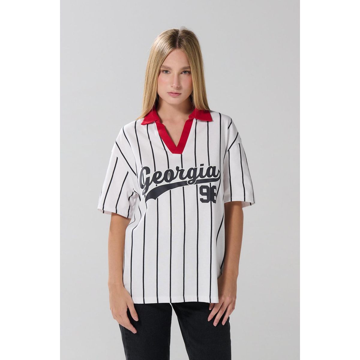 KOAJ - KOAJ Camiseta oversize crema a rayas manga corta con arte co Mujer
