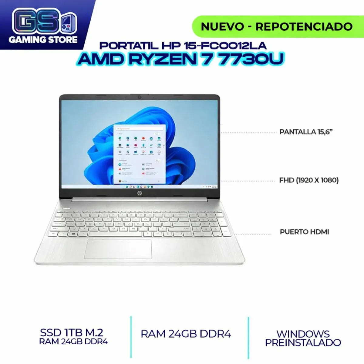 HP - PORTATIL HP AMD RYZEN 7 7730U 15.6" FHD / RAM 24GB DDR4 3200MHZ/ SSD M.2 1TB (15-FC0012LA)