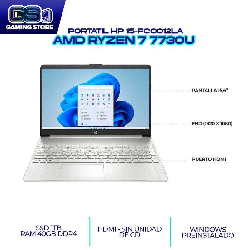 HP - PORTATIL HP AMD RYZEN 7 7730U 15.6" FHD / RAM 40GB DDR4 3200MHZ/ SSD M.2 1TB (15-FC0012LA)