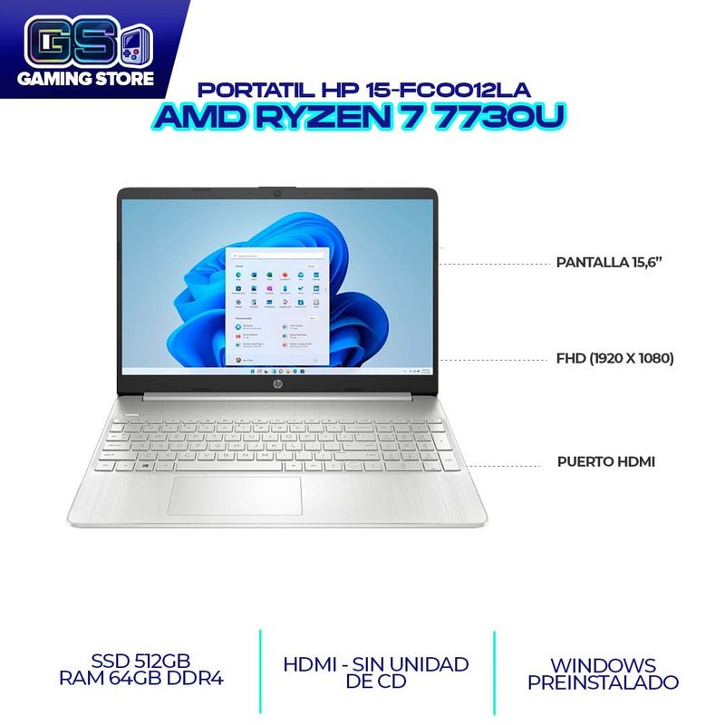 HP - PORTATIL HP AMD RYZEN 7 7730U 15.6" FHD / RAM 64GB DDR4 3200MHZ/ SSD M.2 512GB (15-FC0012LA)