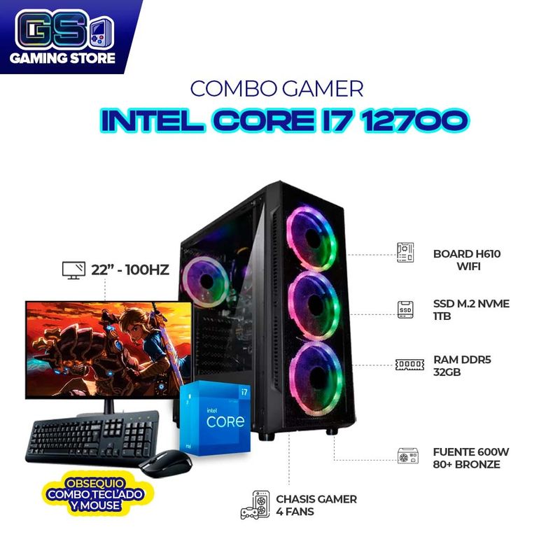 INTEL - PC GAMER INTEL CI7 12700 RAM 32GB SSD 1TB H610 WIFI MONITOR 22 FHD + COMBO