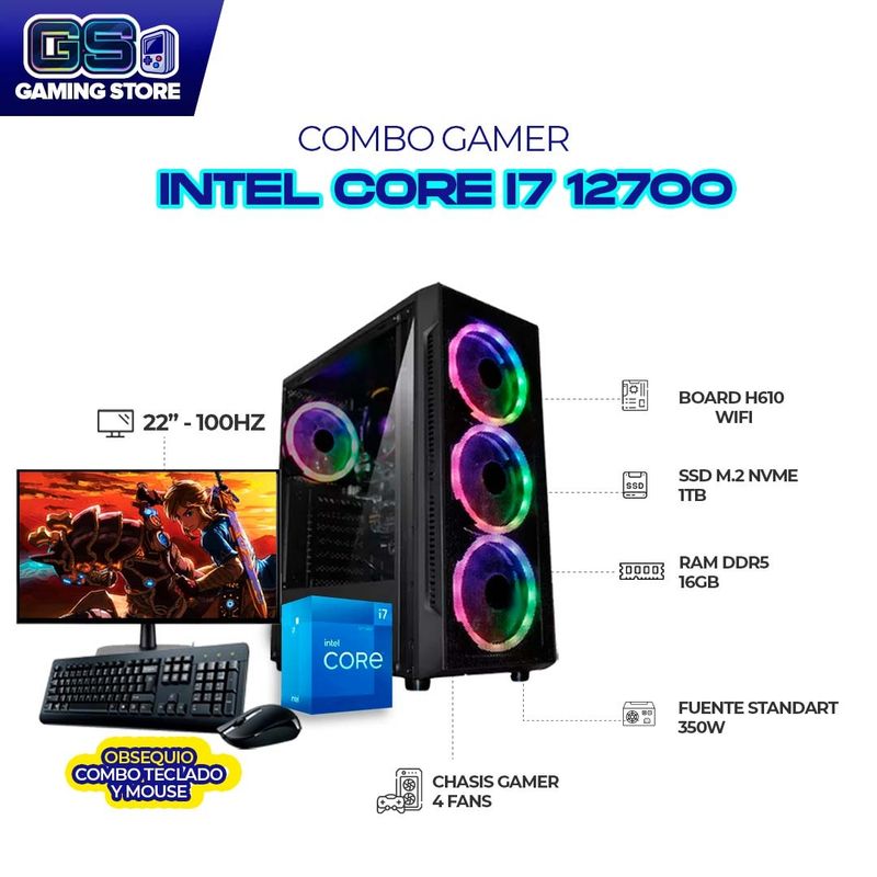 INTEL - TORRE GAMER INTEL CI7 12700 RAM 16GB SSD 1TB H610 WIFI MONITOR 22 FHD + COMBO