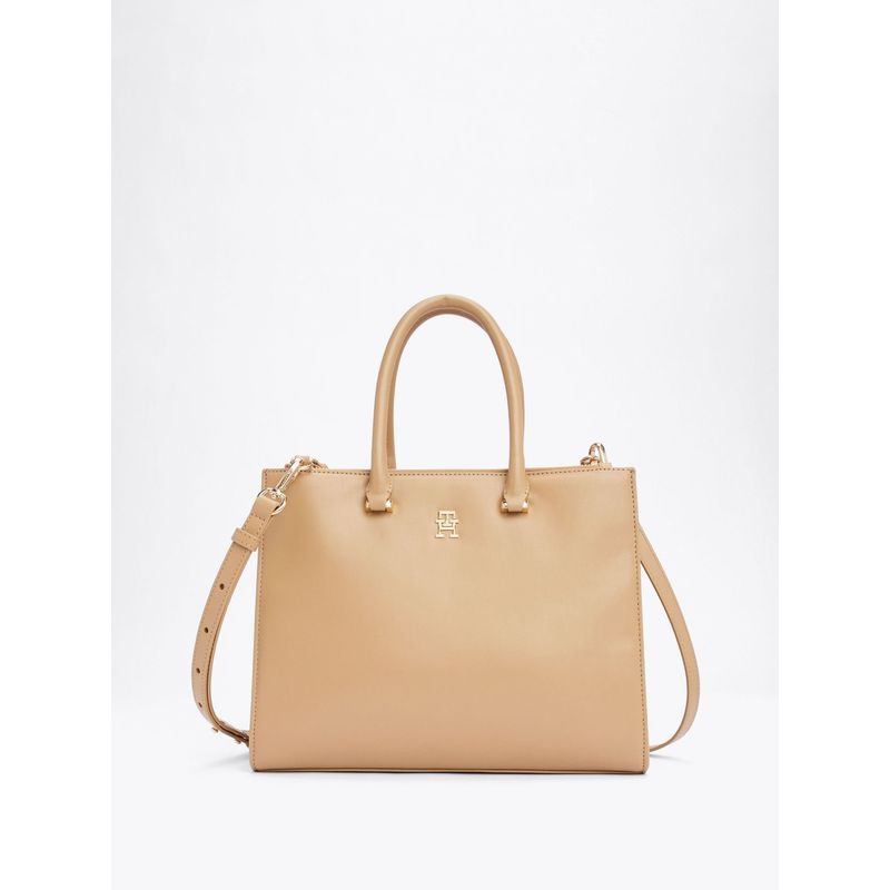 TOMMY HILFIGER - Bolso beige tote con insignia del monograma TH Tommy Hilfiger