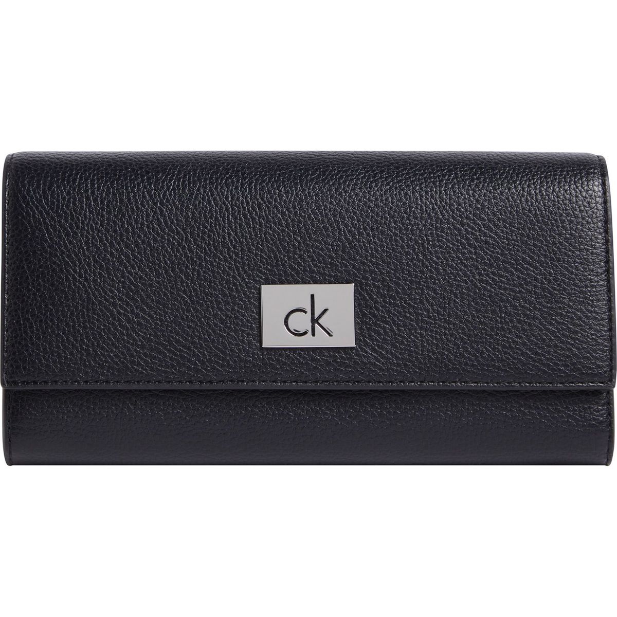CALVIN KLEIN - Billetera negra trifold con placa metálica Calvin Klein