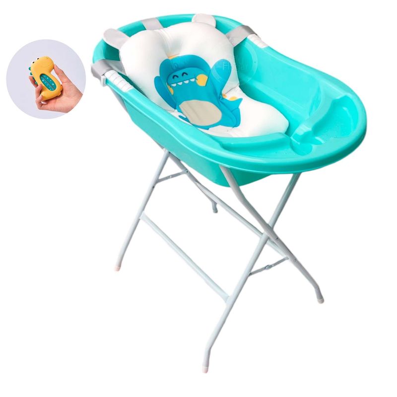 INDUHOGAR - Bañera tina para bebe azul + soporte + cojin + termometro