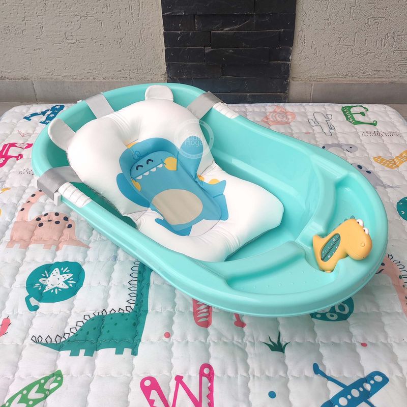 INDUHOGAR - Bañera tina para bebe azul + cojin ergonomico + termometro