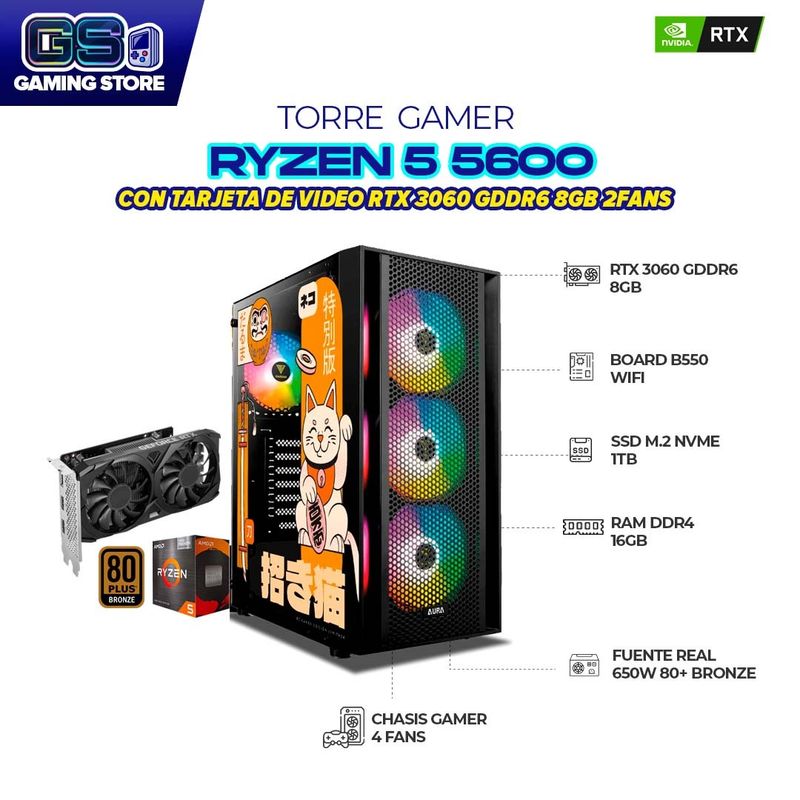 AMD - PC GAMER R5 5600 RTX 3060 8GB RAM 16GB SSD 1TB CHASIS 4FANS ARGB FUENTE 650W