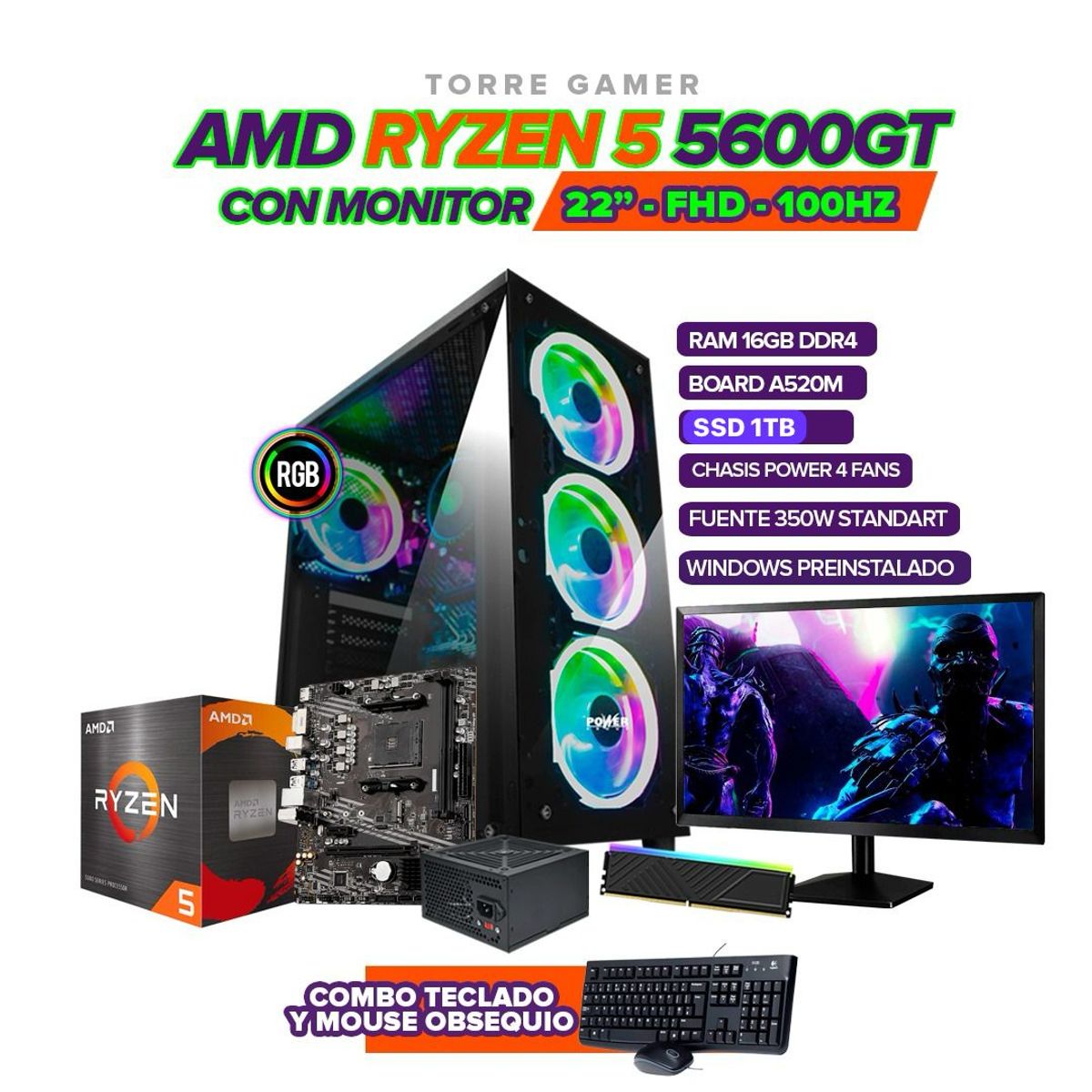 AMD - PC GAMER RYZEN 5 5600GT / 16GB RAM / 1TB SSD / BOARD ASUS A520M / 22´FHD / 350W