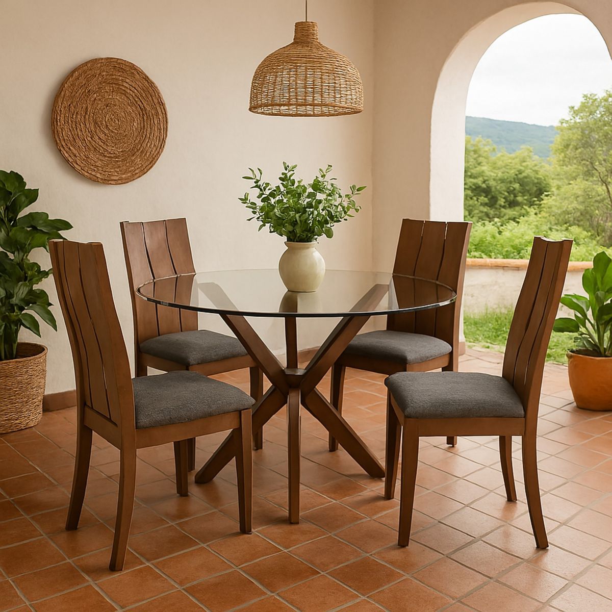 MUEBLES FIOTTI - Juego de comedor 4 Puestos Redondo Vidrio caoba