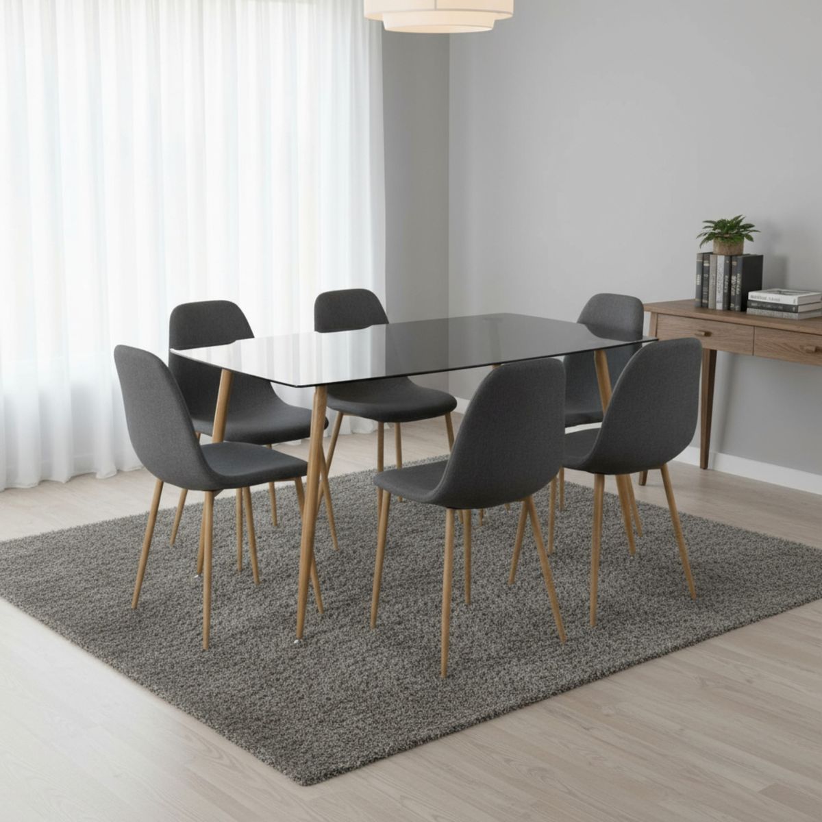 MUEBLES FIOTTI - Juego de comedor 6 Puestos Vidrio Oscuro Gris