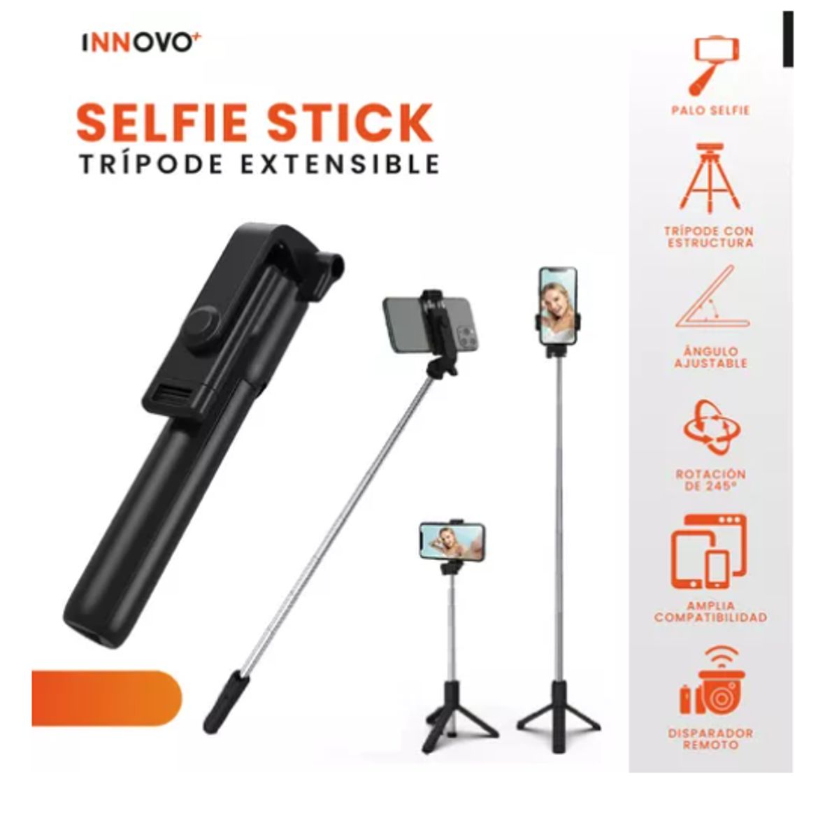 INNOVA - Palo Selfie Tripode 3 En 1 Control Remoto Selfie Stick Innovo