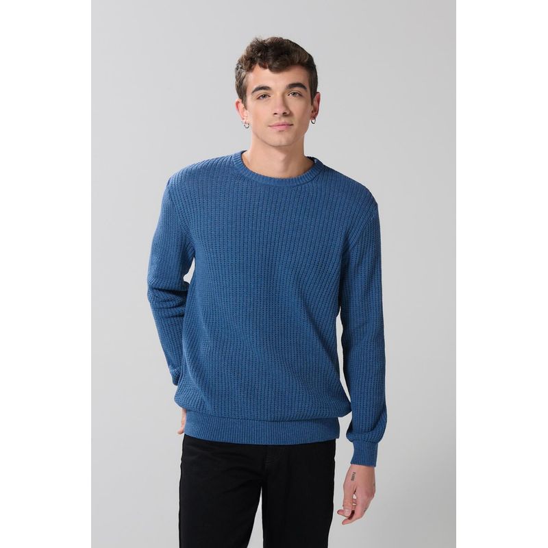 KOAJ - KOAJ Suéter azul medio cuello redondo tejido con relieve HOMBRE