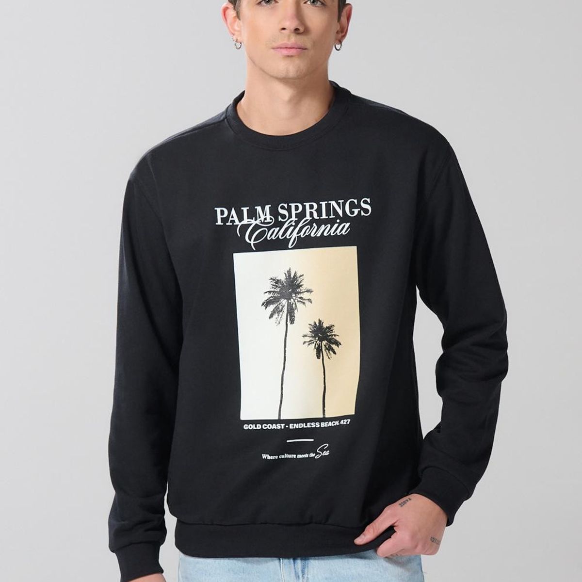 KOAJ - KOAJ Buzo cuello redondo negro con diseño de playa Hombre