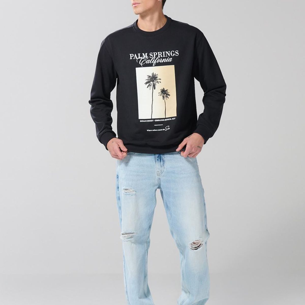 KOAJ - KOAJ Buzo cuello redondo negro con diseño de playa Hombre