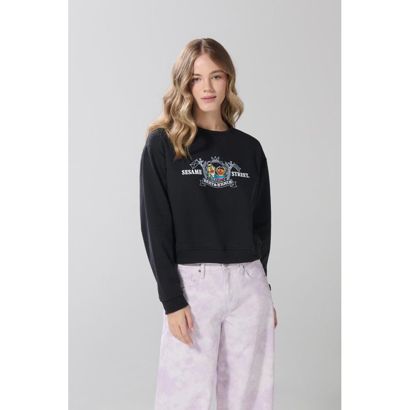 KOAJ - KOAJ Buzo negro cuello redondo con diseño de Plaza Sésamo MUJER
