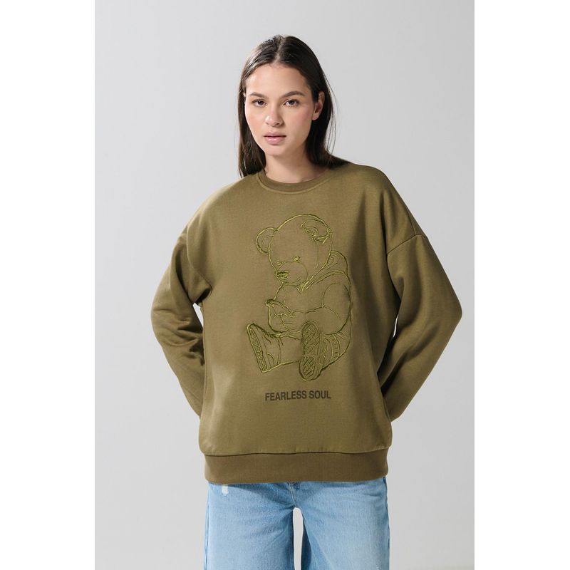 KOAJ - KOAJ Buzo café oscuro oversize cuello redondo con diseño de os MUJER
