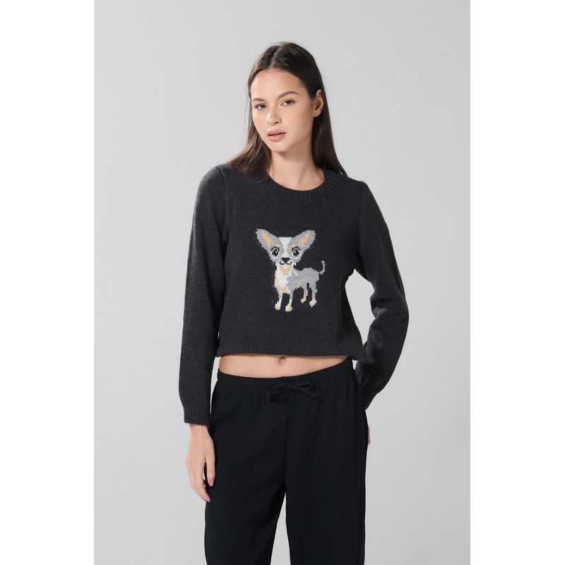 KOAJ - KOAJ SUETER NEGRO CUELLO REDONDO DETALLE ESTAMPACION EN FRENTE MUJER