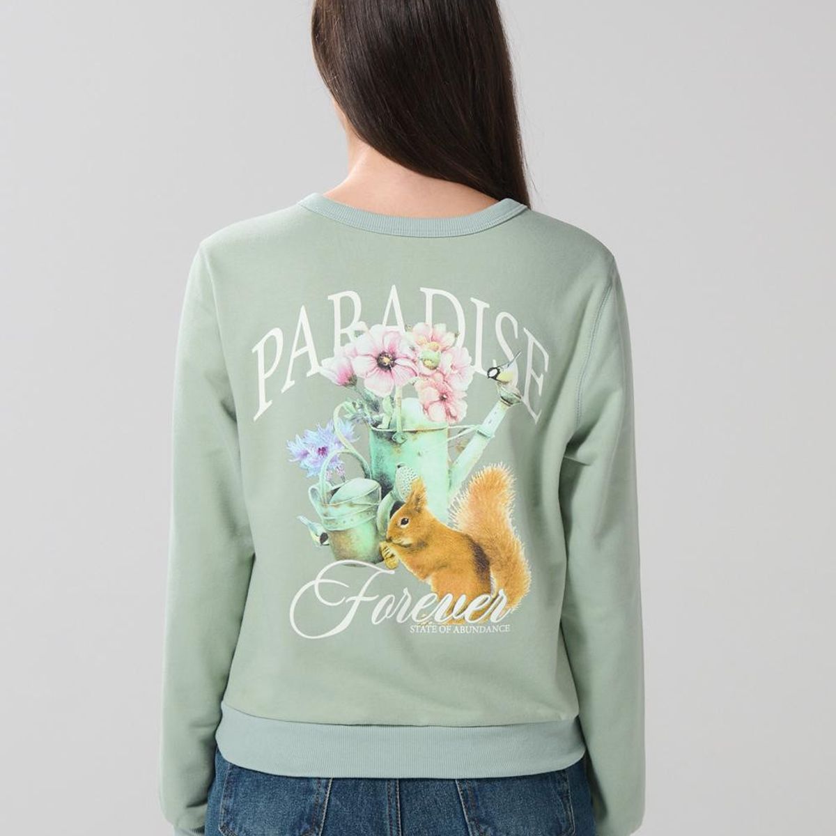 KOAJ - KOAJ Buzo verde claro cuello redondo con arte de animalito Mujer