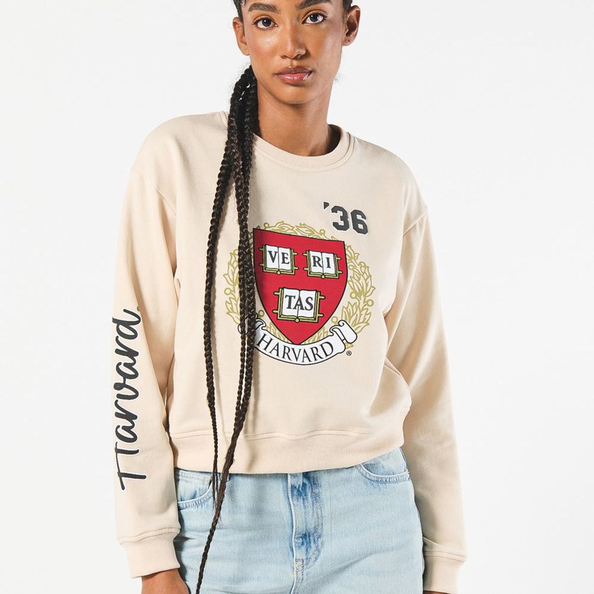 KOAJ - KOAJ Buzo kaki claro cuello redondo con diseños de Harvard Mujer