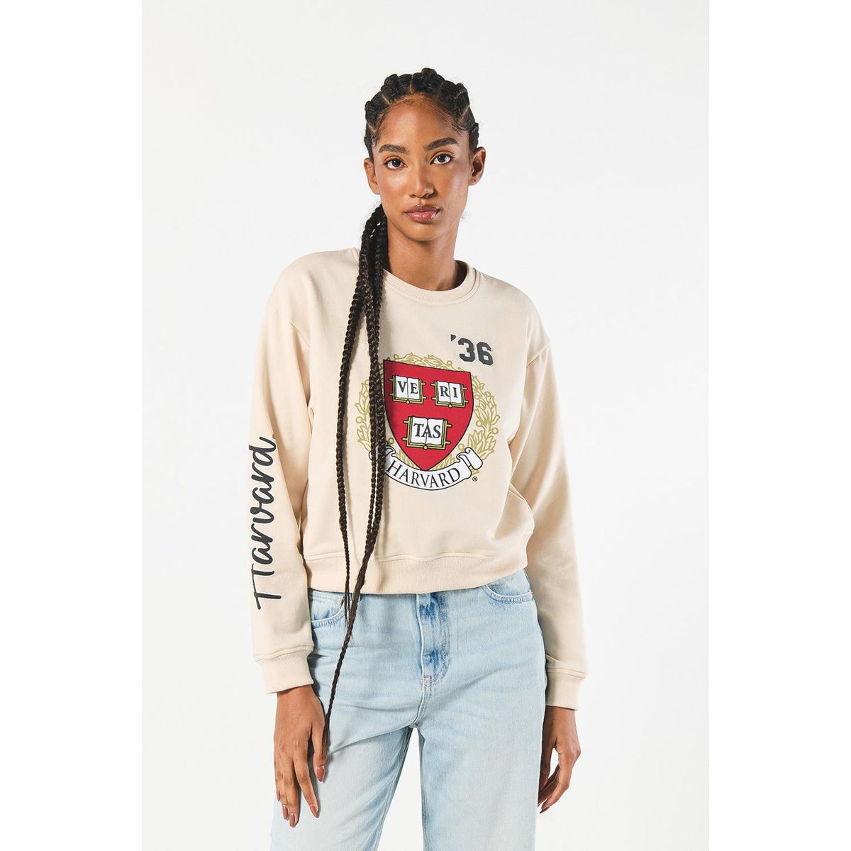 KOAJ - KOAJ Buzo kaki claro cuello redondo con diseños de Harvard Mujer