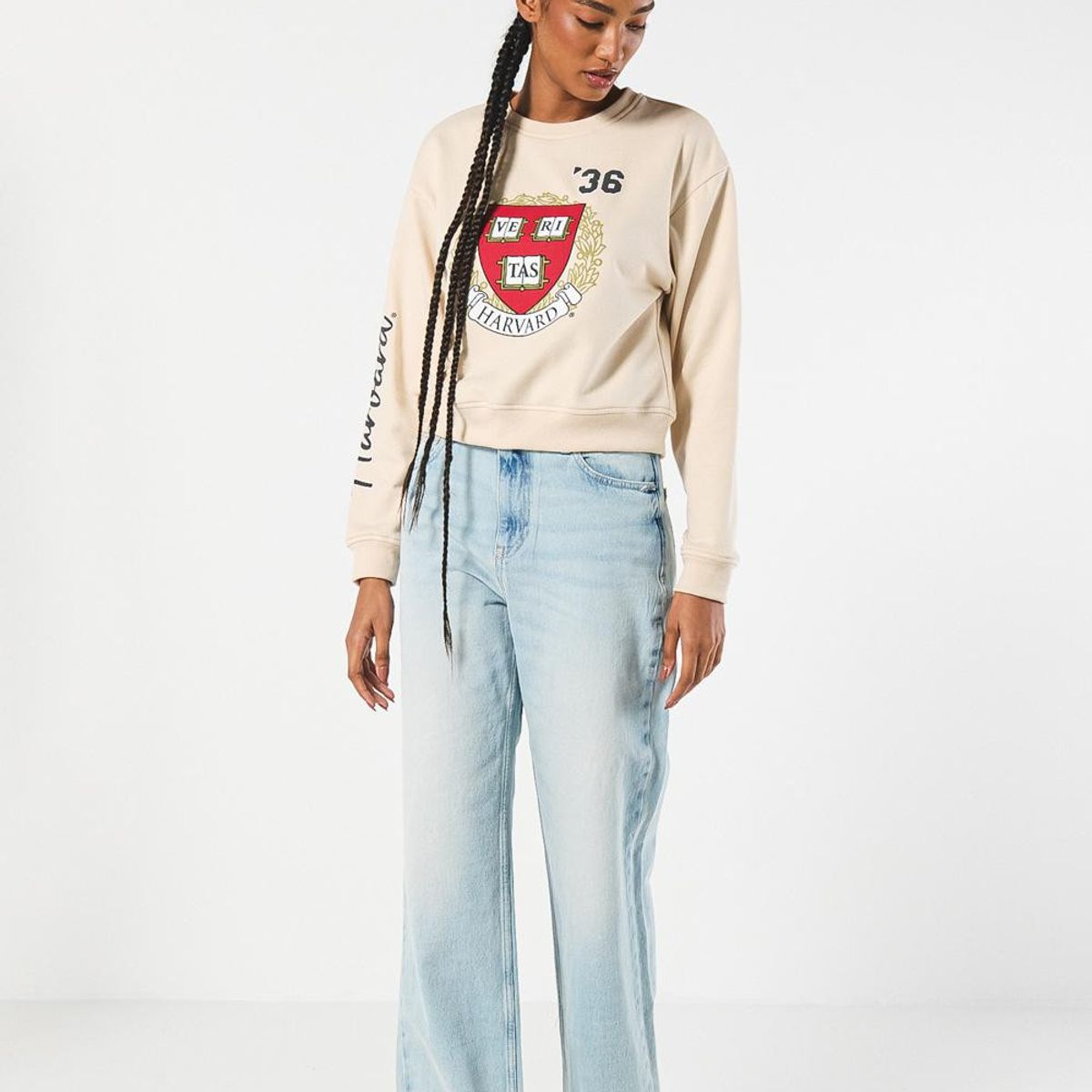 KOAJ - KOAJ Buzo kaki claro cuello redondo con diseños de Harvard Mujer