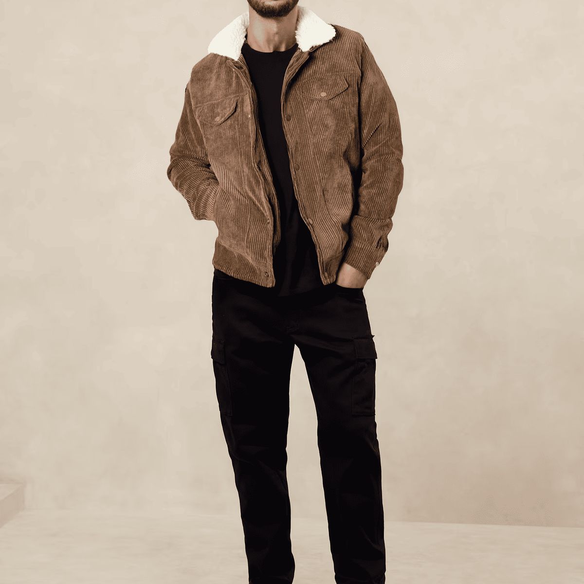 007PLUS - Chaqueta en pana café cuello ovejero para hombre