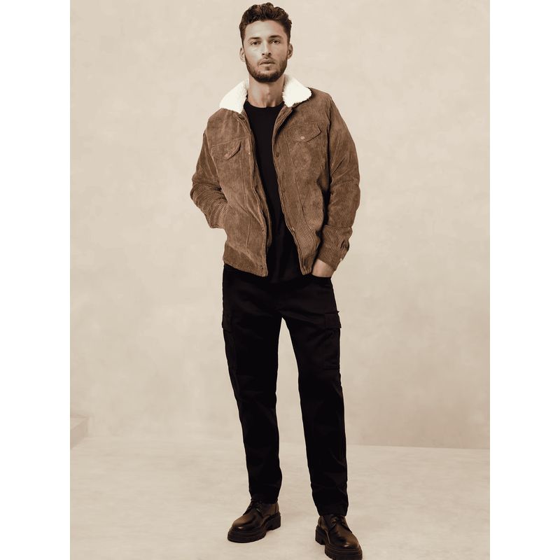 007PLUS - Chaqueta en pana café cuello ovejero para hombre