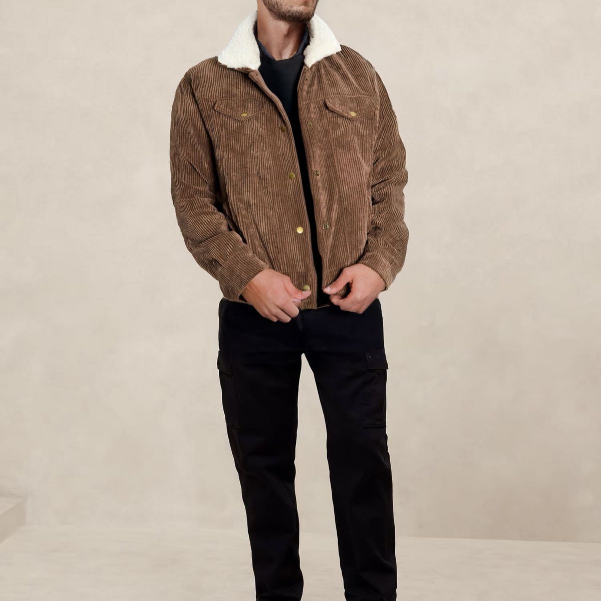 007PLUS - Chaqueta en pana café cuello ovejero para hombre