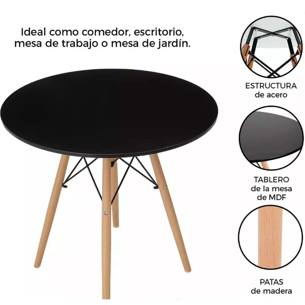 ONE PIXEL - Mesa Comedor Redonda Eames 60 Cm Negra + Obsequio (Tapete)