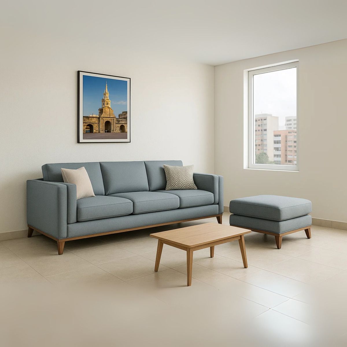 GENERICO - Sofá con puff Gianluca 4 Puestos Moderno Tela Antifluidos 260x80x85 Azul