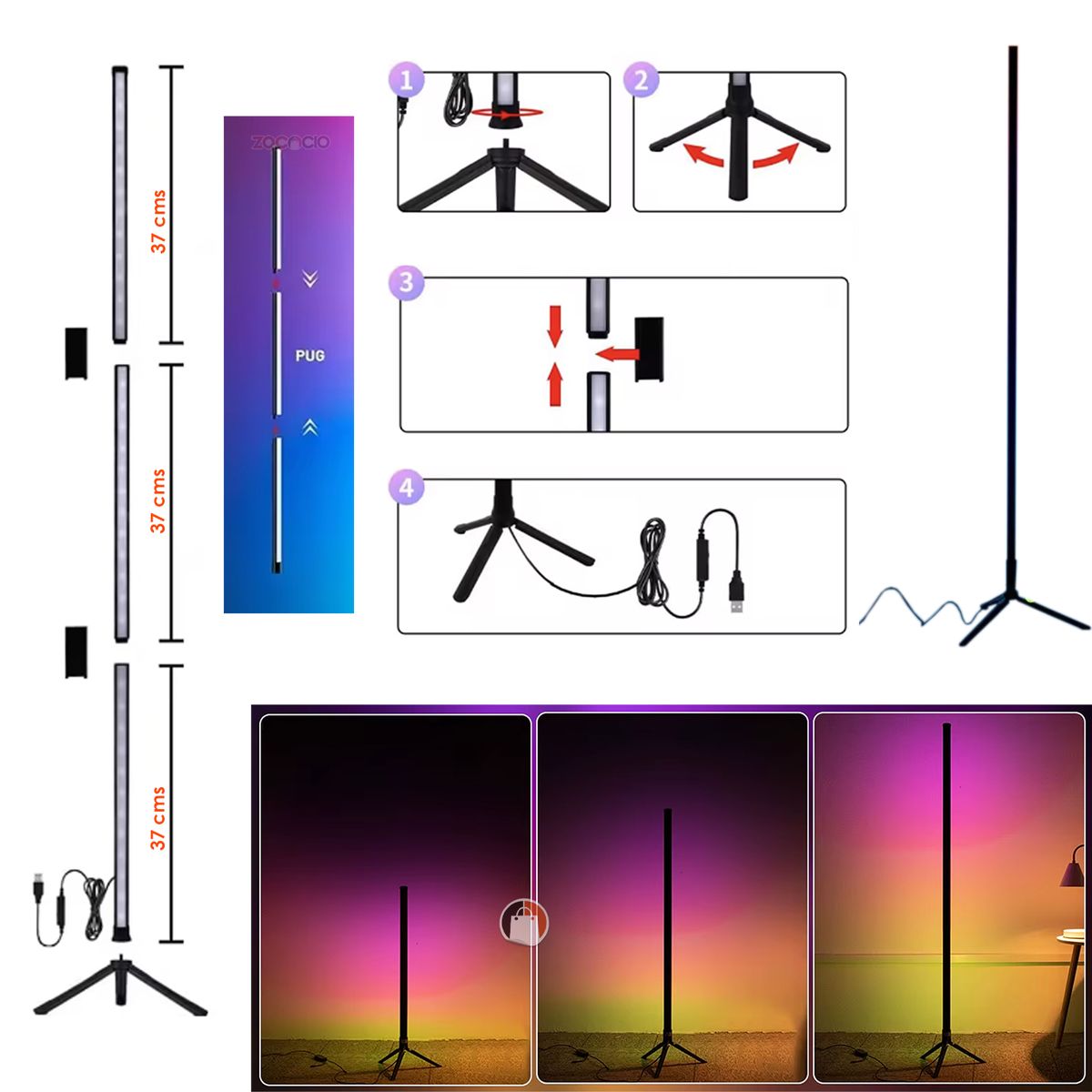ZOCOCIO - Barra De Luz Lampara De Pie Iluminación Ambiente Led 3 Tubos