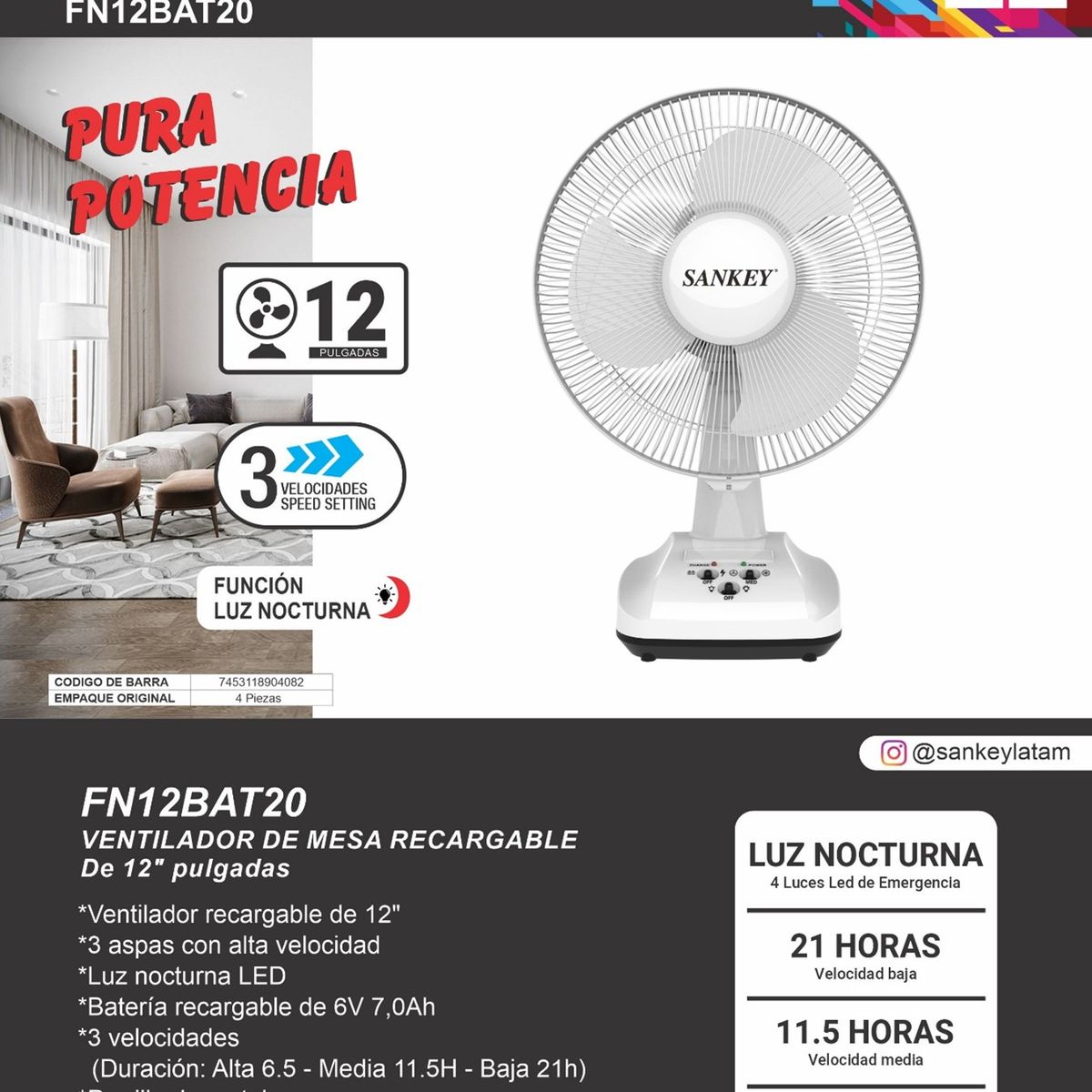 SANKEY - Ventilador Recargable de Alta Eficiencia Sankey 12 pulg