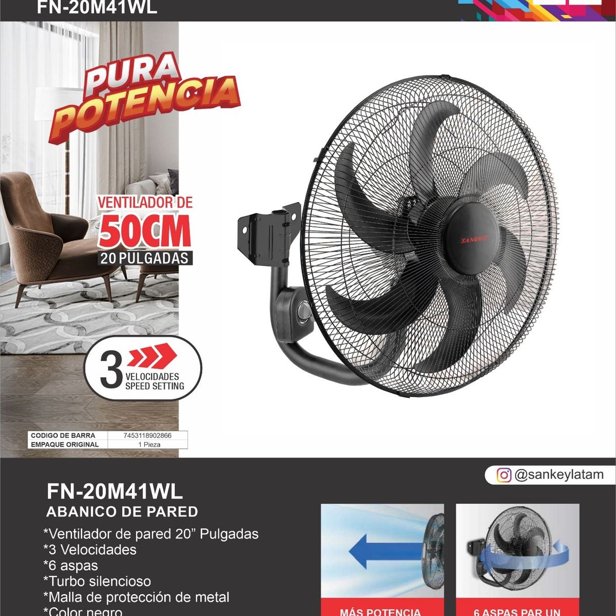 SANKEY - Ventilador Industrial de Pared Sankey Turbo Silencioso 120 W 20 Pulg