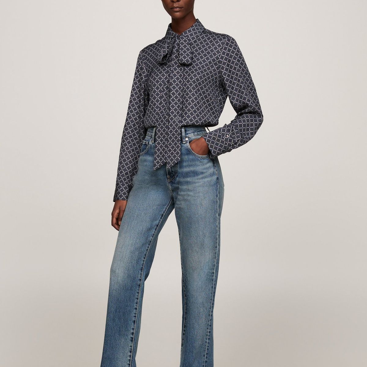 TOMMY HILFIGER - Blusa azul de viscosa con lazo en el cuello Tommy Hilfiger