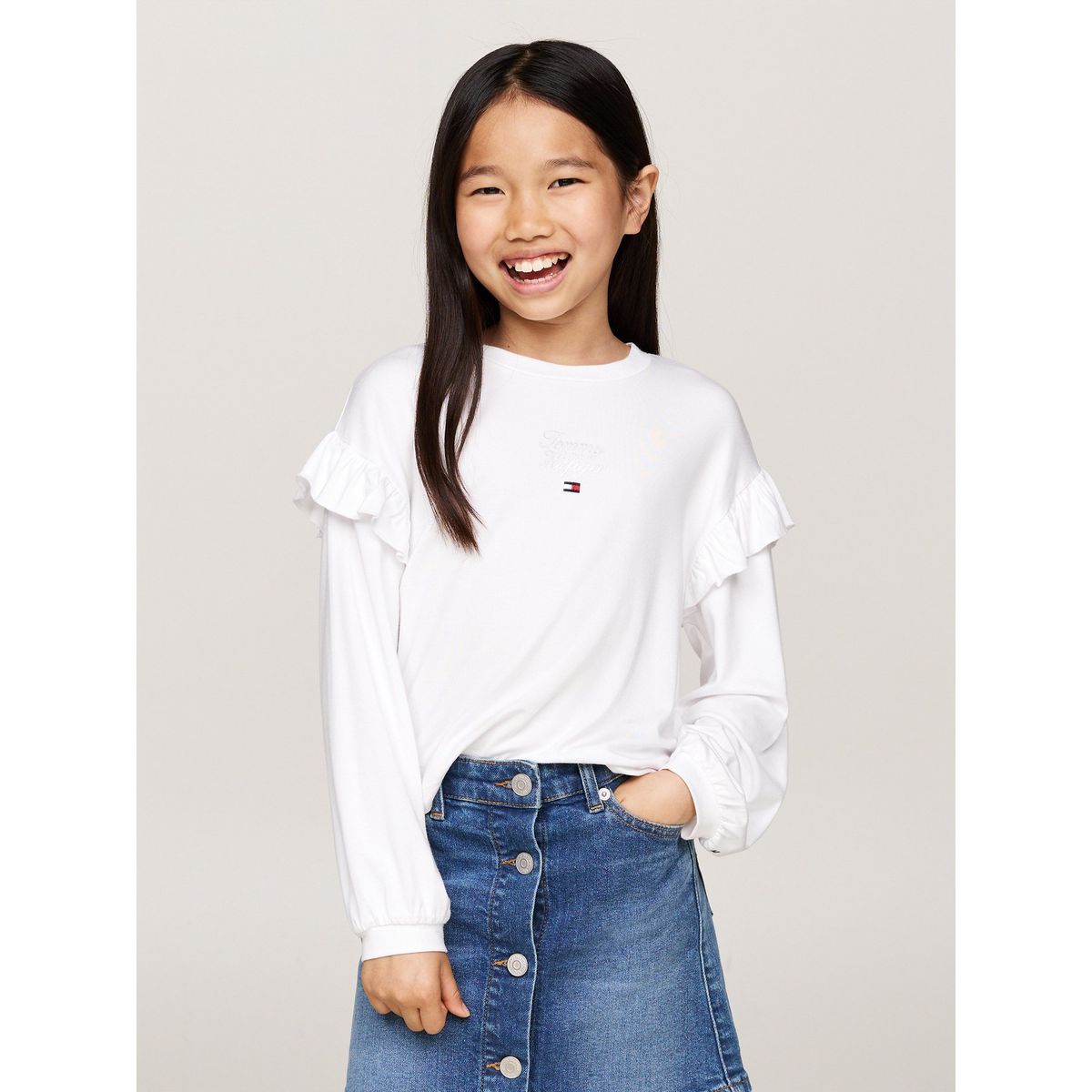 TOMMY HILFIGER - Camiseta Niña Blanca Con Mangas En Volante Tommy Hilfiger