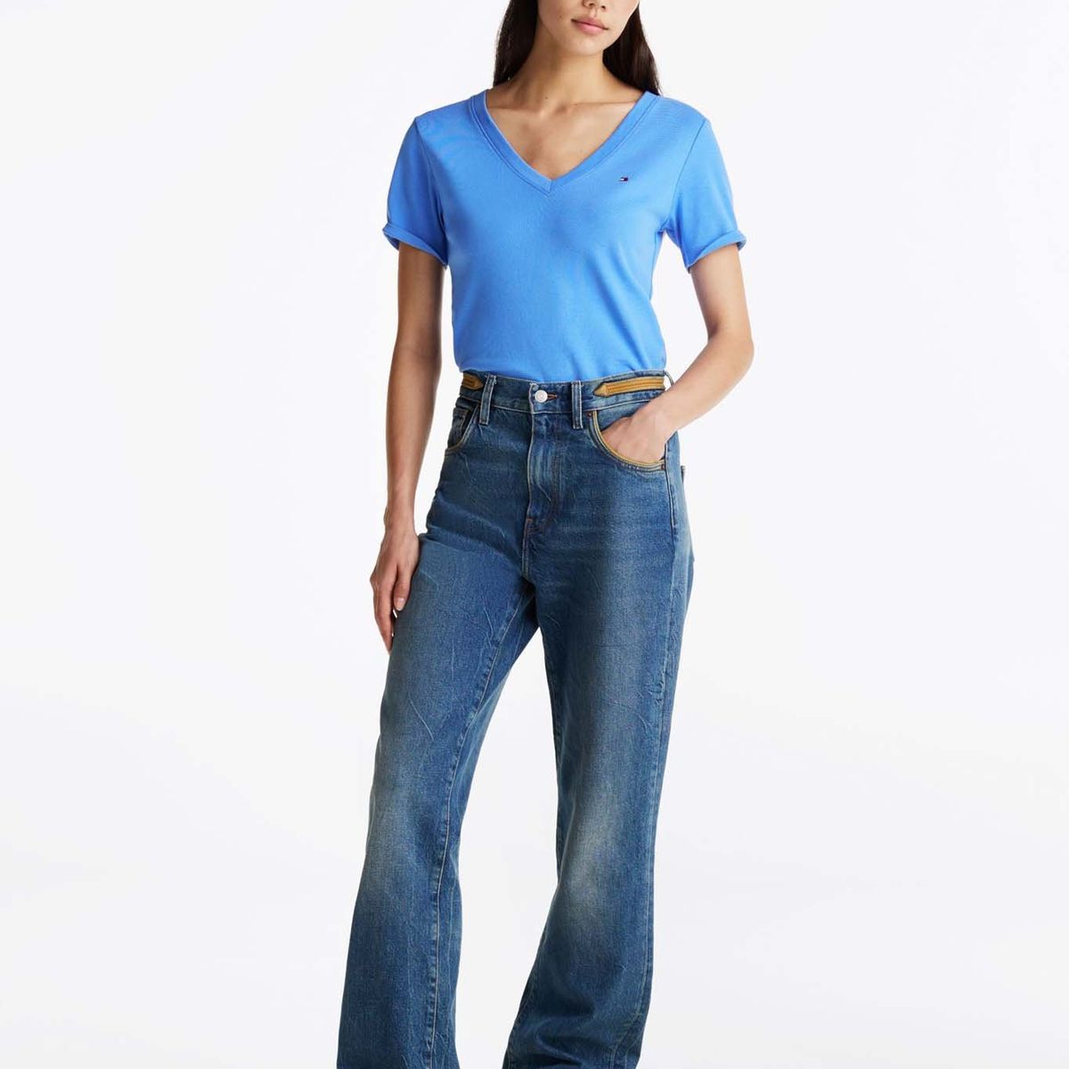 TOMMY HILFIGER - Camiseta Azul Con Cuello en V Para Mujer Tommy Hilfiger