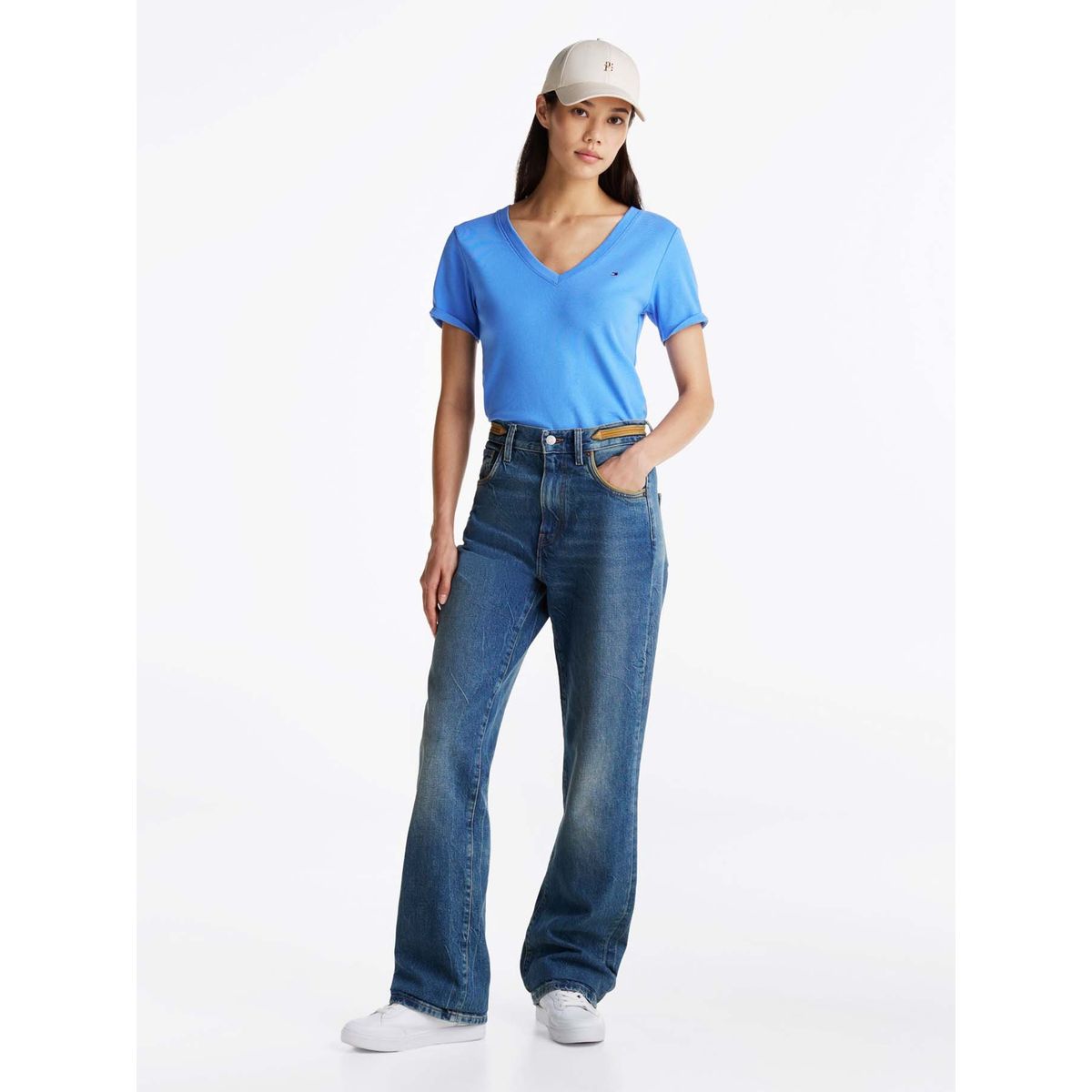 TOMMY HILFIGER - Camiseta Azul Con Cuello en V Para Mujer Tommy Hilfiger