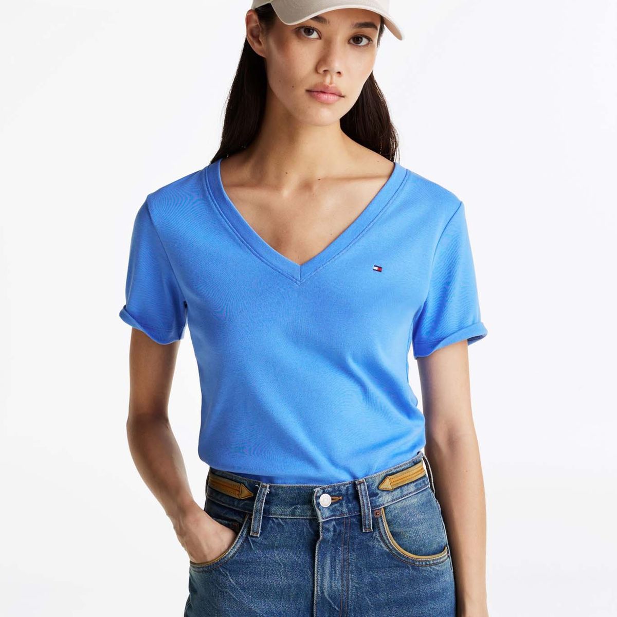 TOMMY HILFIGER - Camiseta Azul Con Cuello en V Para Mujer Tommy Hilfiger