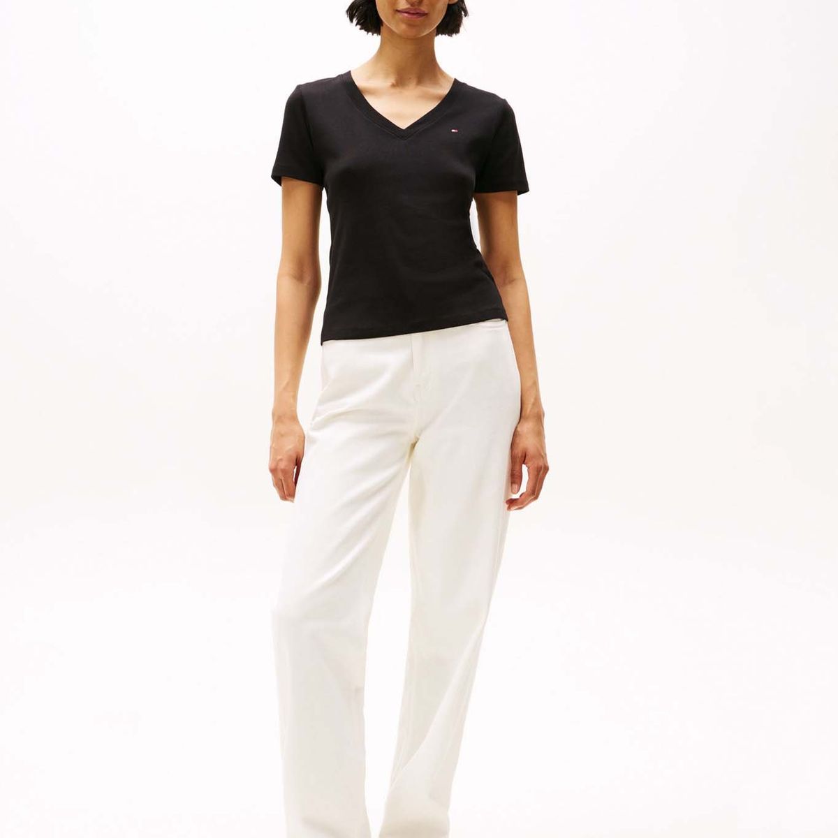 TOMMY HILFIGER - Camiseta negra de rayas con Cuello en V Tommy Hilfiger