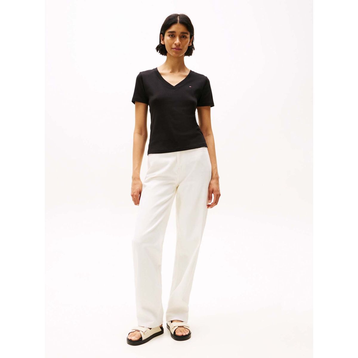 TOMMY HILFIGER - Camiseta negra de rayas con Cuello en V Tommy Hilfiger