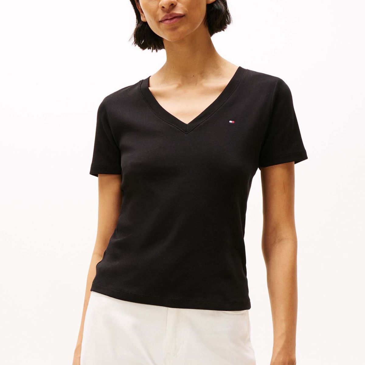TOMMY HILFIGER - Camiseta negra de rayas con Cuello en V Tommy Hilfiger