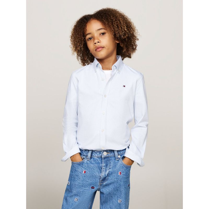 TOMMY HILFIGER - Camisa de Rayas Azul Para Niño Con Logo Tommy Hilfiger