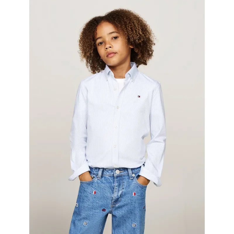TOMMY HILFIGER - Camisa de Rayas Azul Para Niño Con Logo Tommy Hilfiger